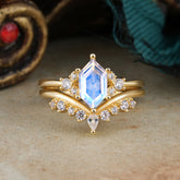 Luxury Vintage Classic 6-Prong Hexagonal-Cut Moonstone Engagement Ring Set